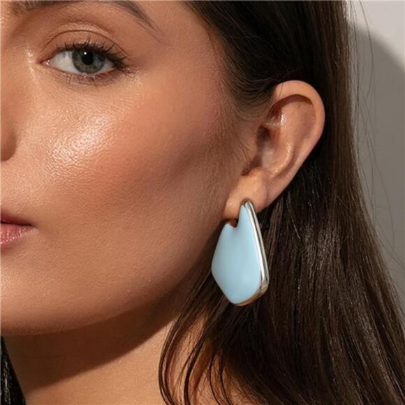 Light Blue Geometric Gold Statement Earrings – Chunky & Lightweight - Picture 4 of 5